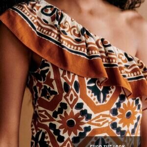 Sézane Dari One-Shoulder Batik Top Brown/Cream Size 8 US / 40 EU